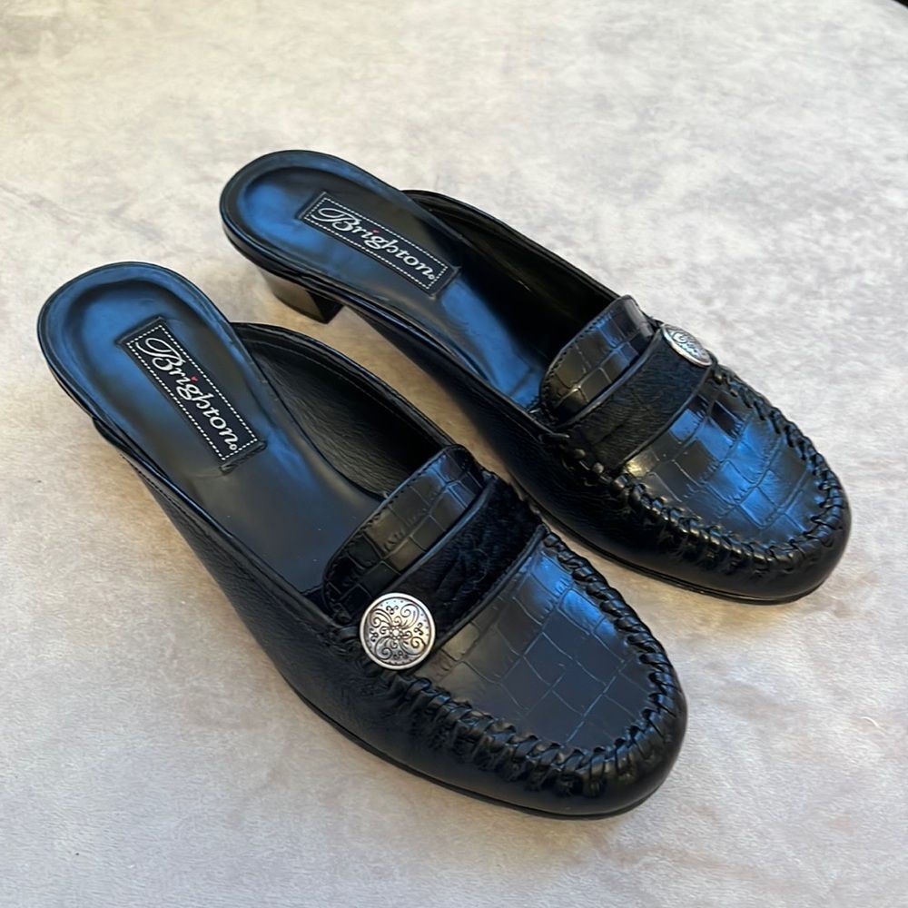 VTG Y2K *BRIGHTON* Eartha Black Italian Leather Kitten Heel Mules Sz 7.5 EUC!